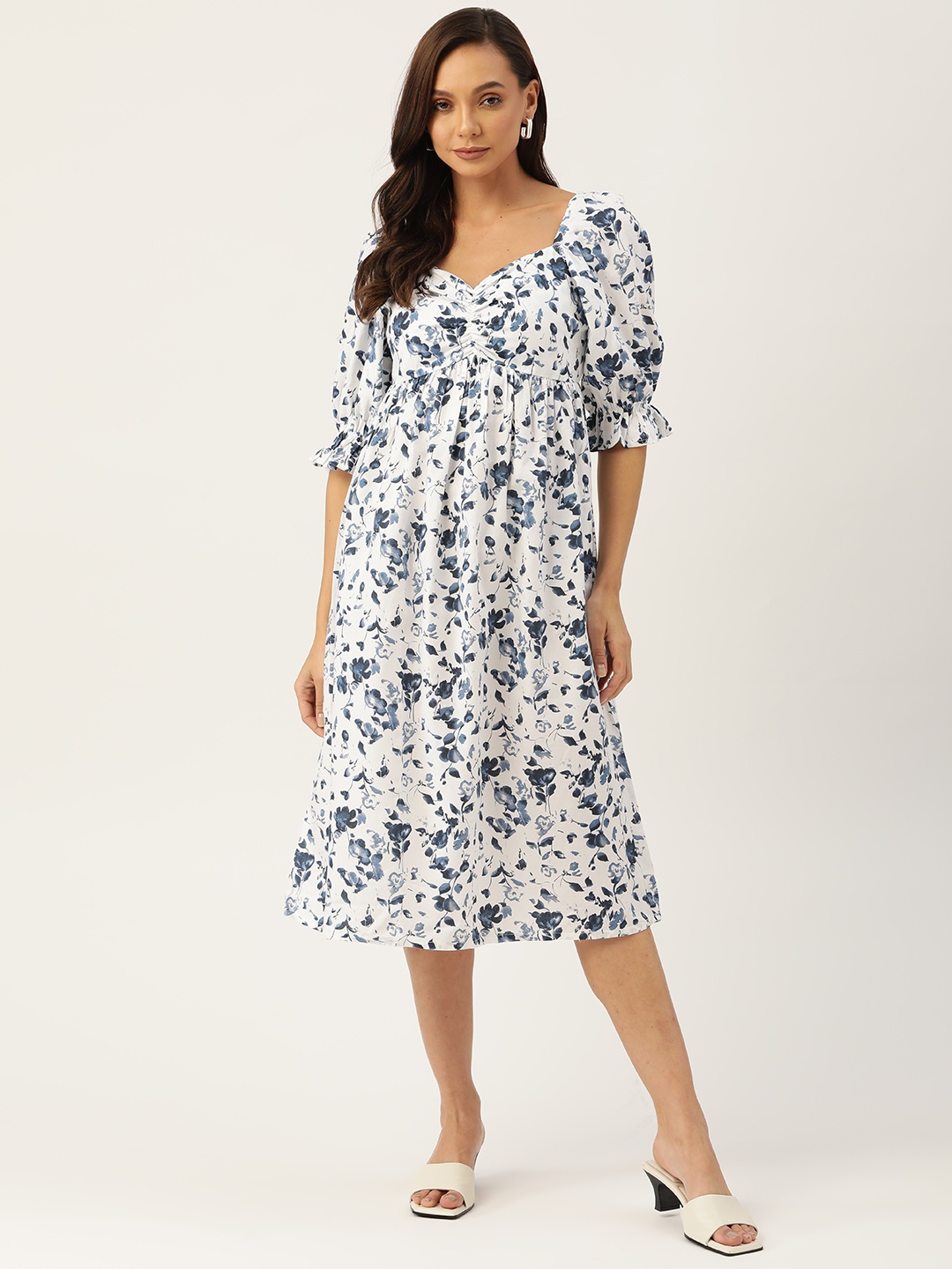 

Rue Collection White & Blue Floral Pure Cotton A-Line Midi Dress