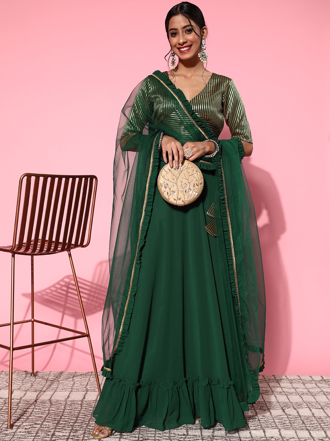 

Inddus Gorgeous Green Woven Design Semi-Stitched Lehenga Choli with Dupatta