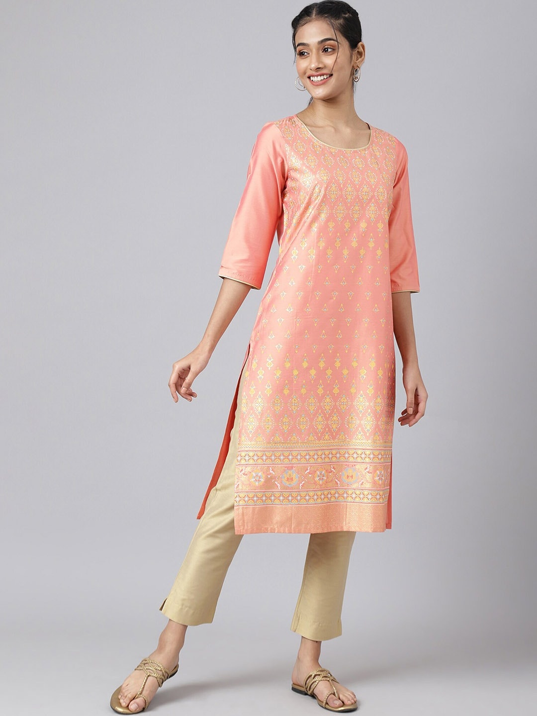 

AURELIA Women Peach-Coloured Ethnic Motifs Printed Kurta