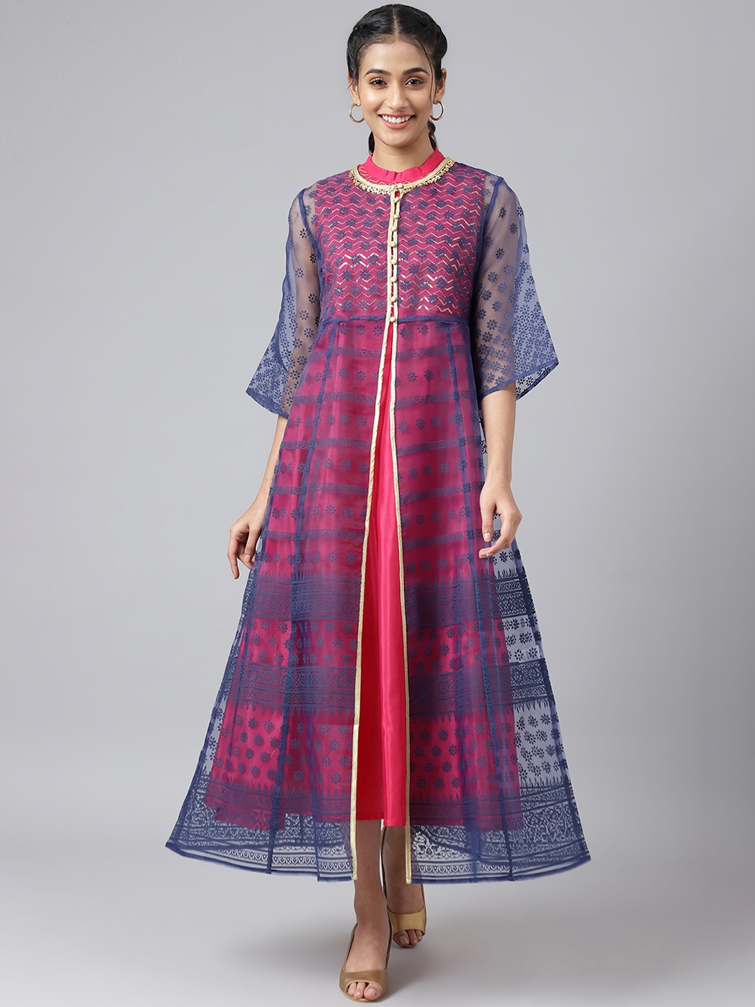 

AURELIA Women Blue Ethnic Motifs Printed Flared Sleeves Anarkali Kurta