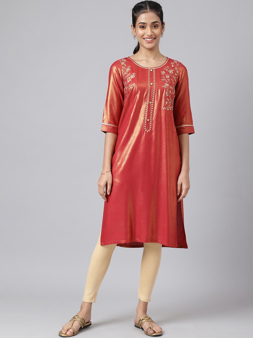 

AURELIA Festive Geometric Print Kurta, Maroon