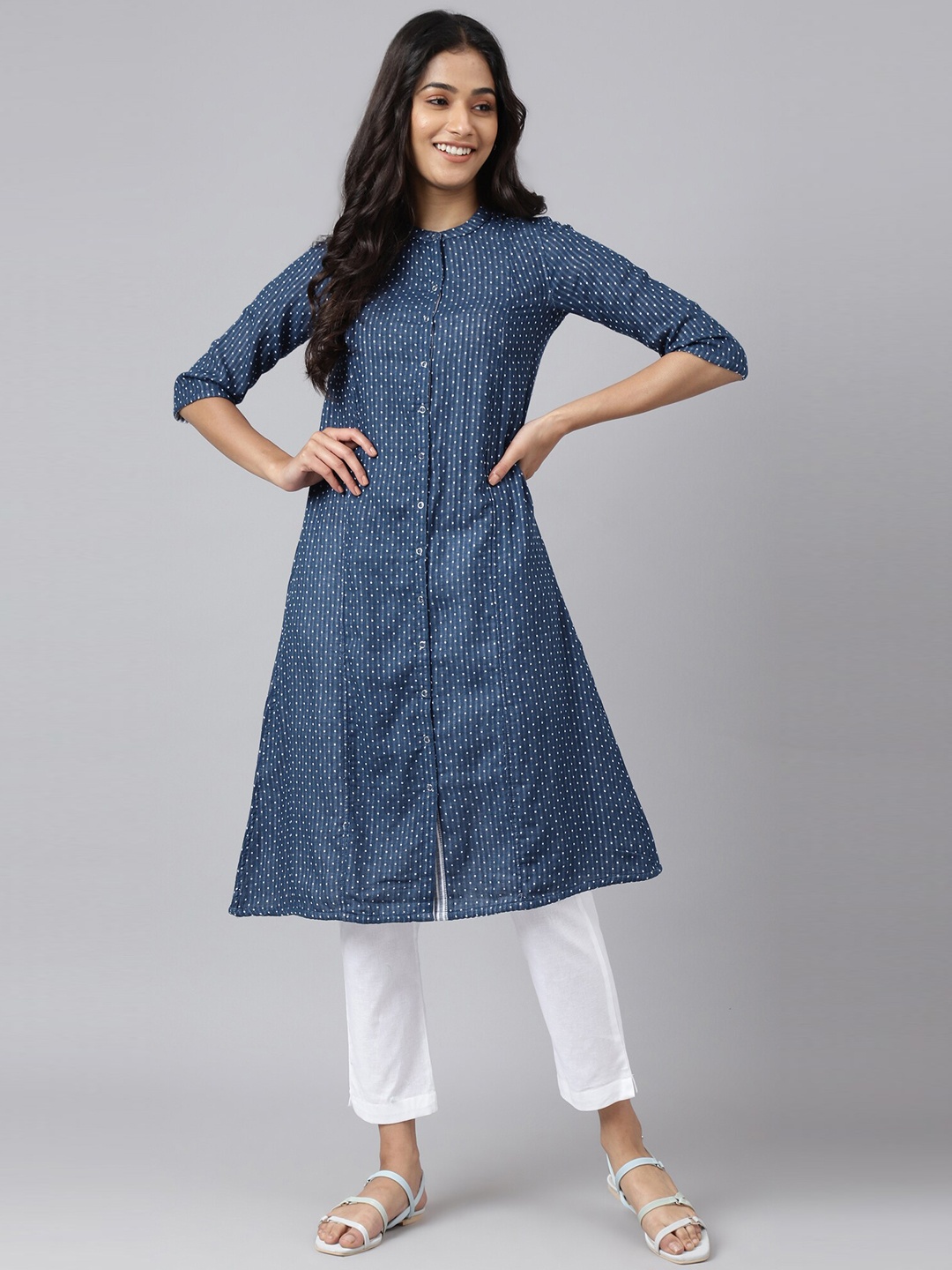 

AURELIA Women Blue Front Slit A-Line Geometric Kurta