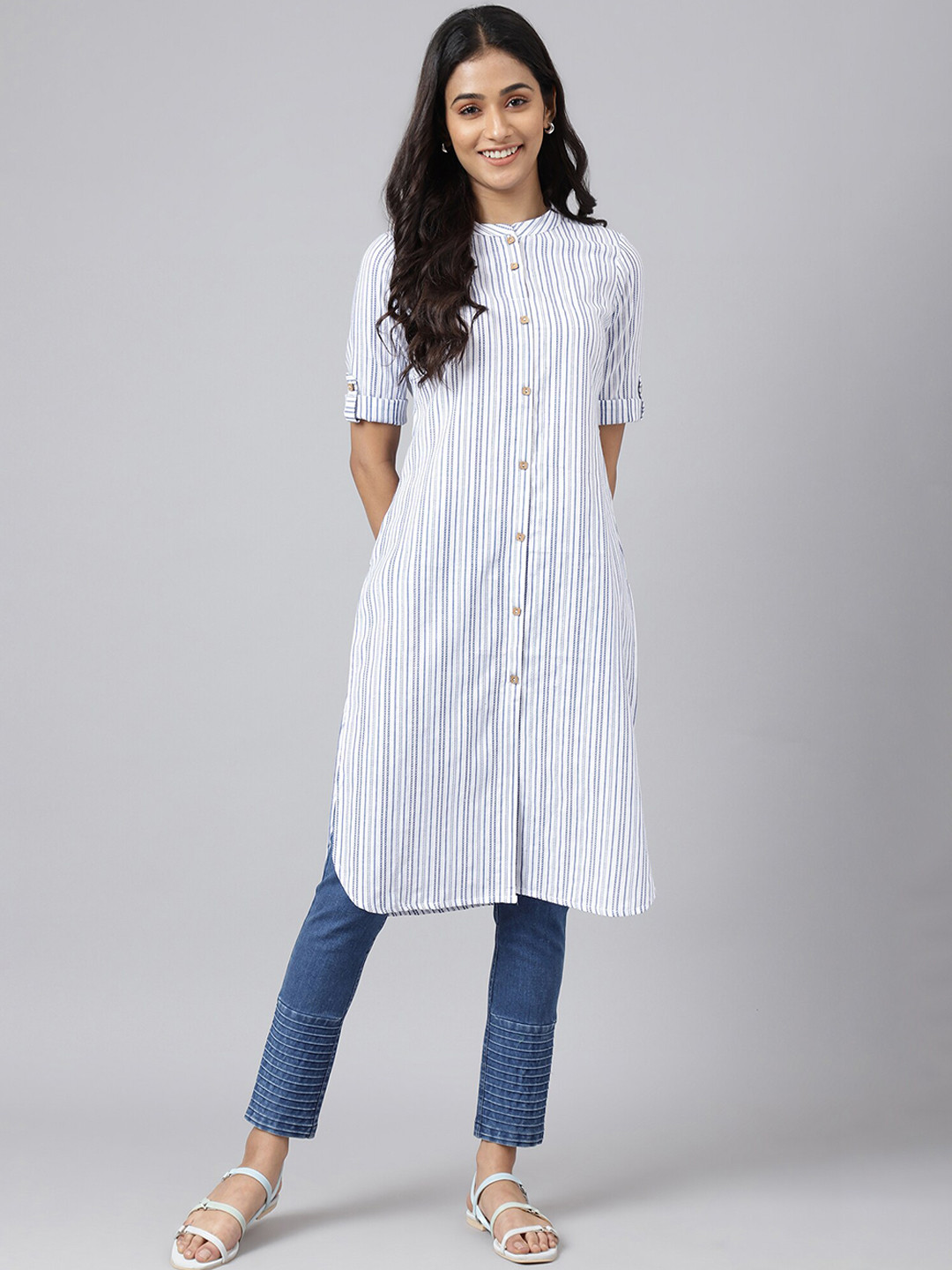 

AURELIA Women White Striped Kurta