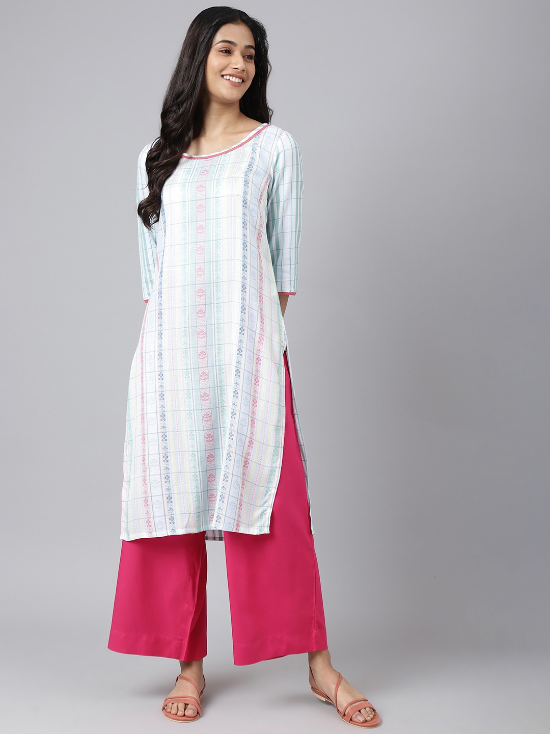 

AURELIA Women White Striped Flared Sleeves Thread Work Kurta