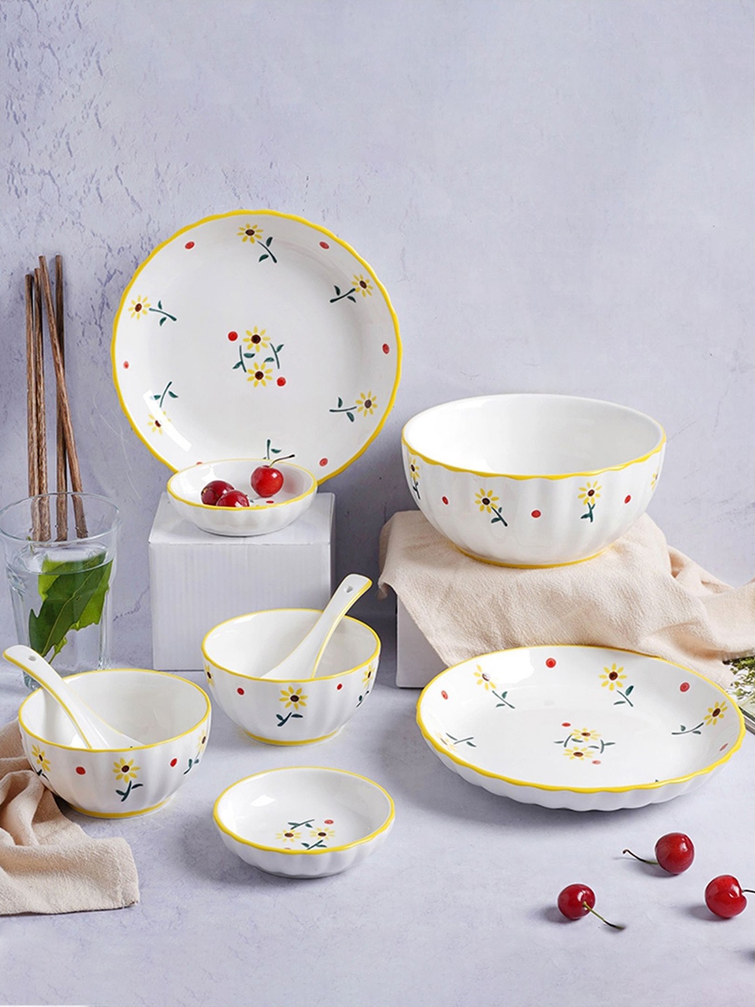 

Nestasia White & Yellow 11 Pieces Floral Sunflower Printed Ceramic Glossy Dinner Set