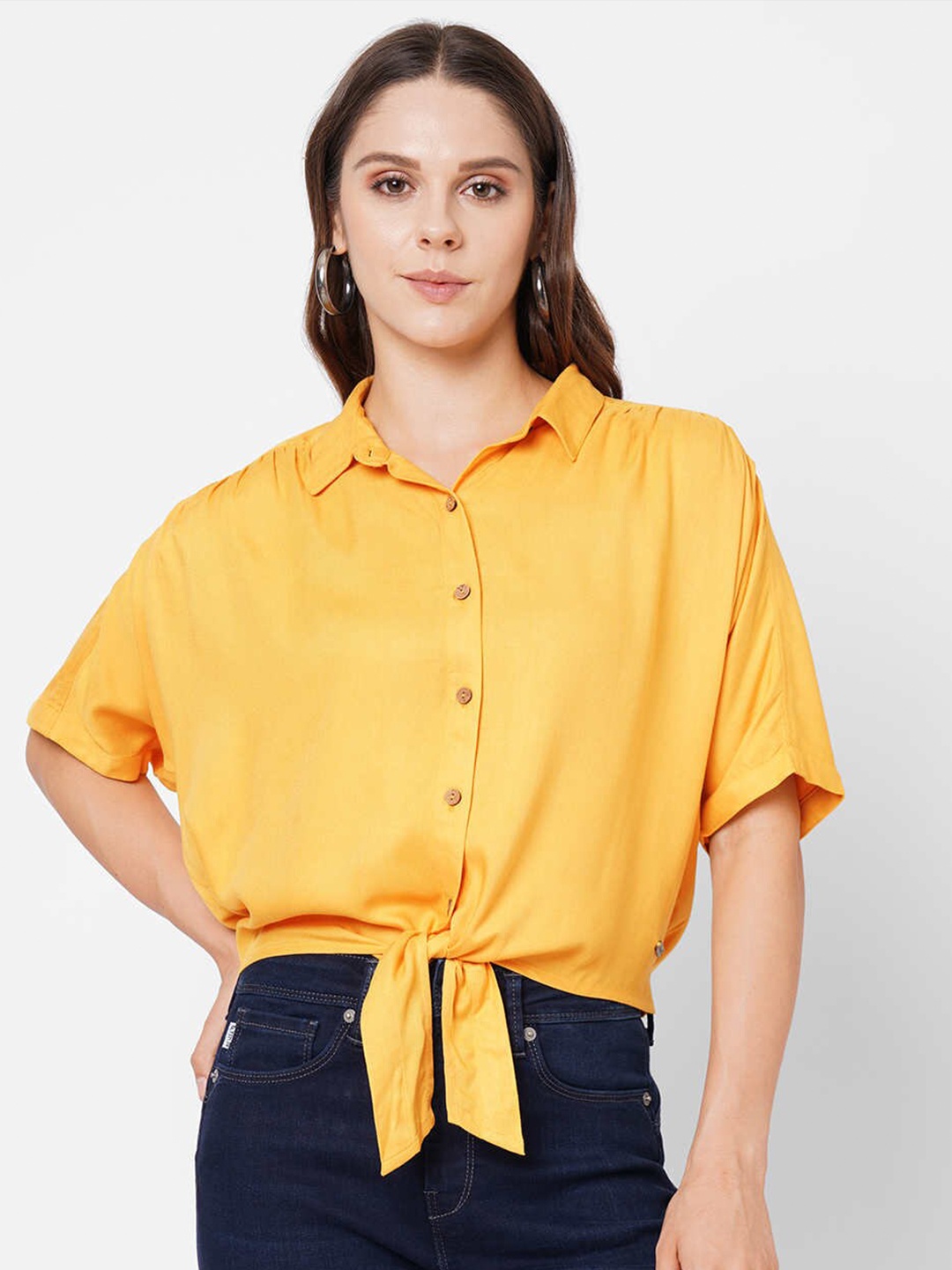 

Pepe Jeans Women Mustard Boxy Shirt With Gathers at Shoulder, Yellow