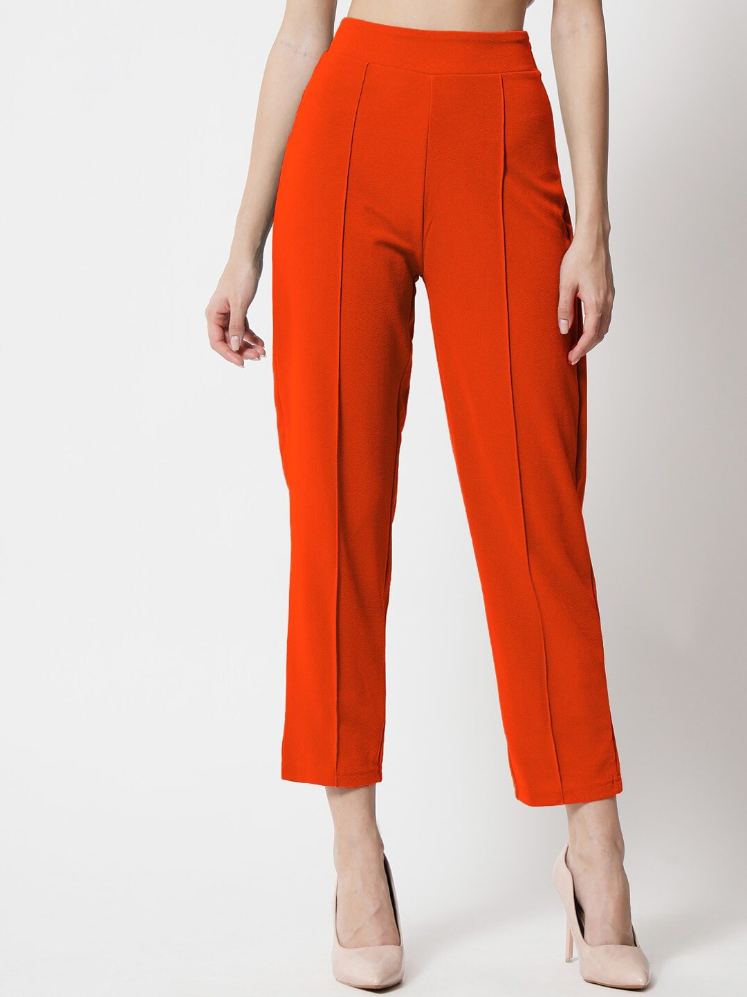 

Kotty Women Orange Comfort Straight Fit High-Rise Easy Wash Trousers