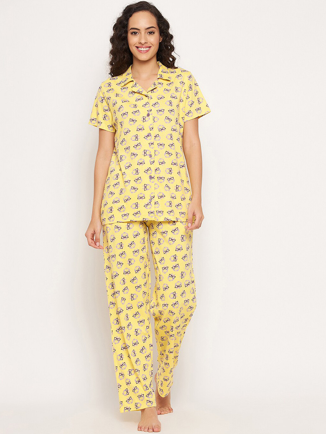 

Clovia Owl Print Button Down Shirt & Pyjama Set, Yellow