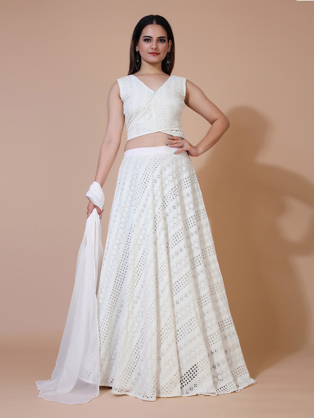 

PRENEA White Embroidered Ready to Wear Lehenga & Blouse With Dupatta