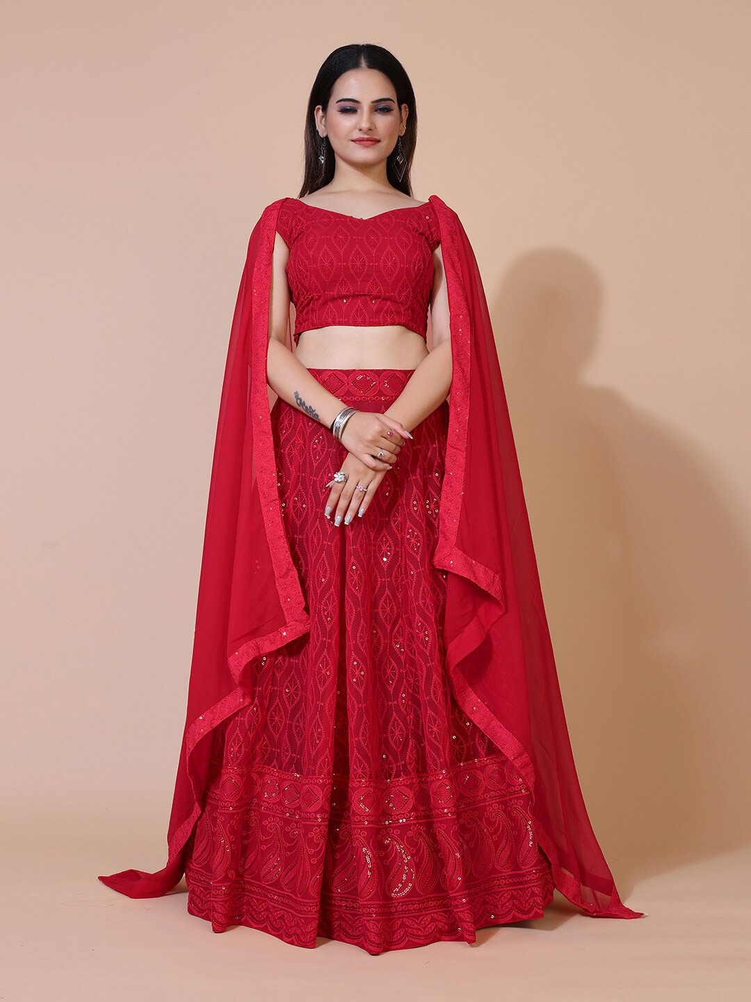 

PRENEA Red Embroidered Ready to Wear Lehenga & Blouse With Dupatta
