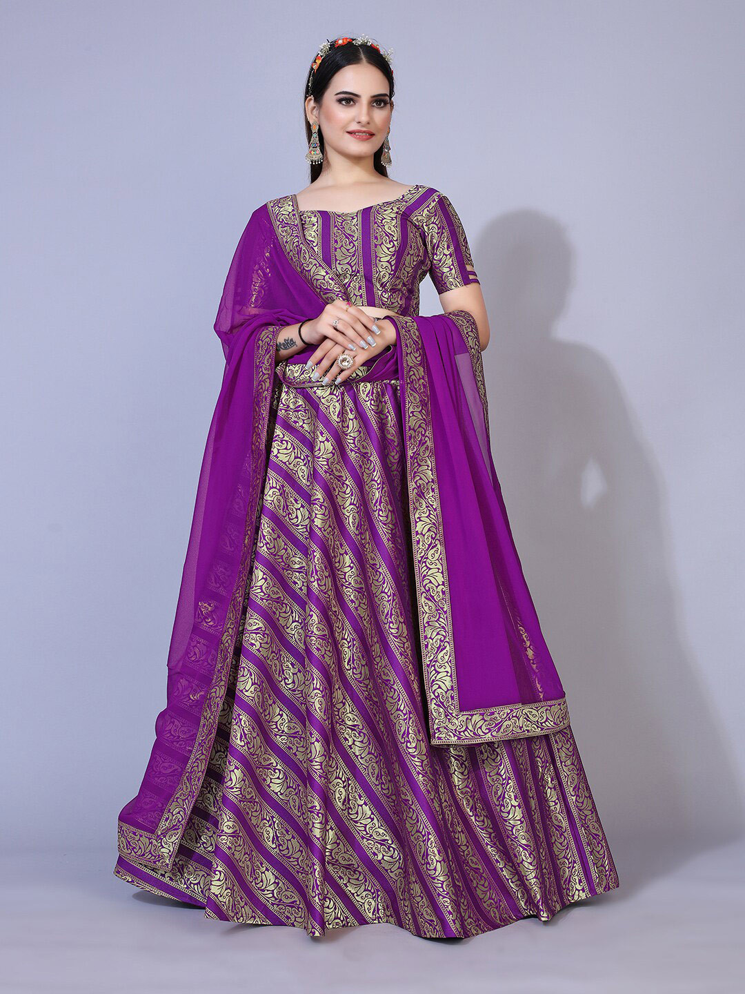 

PRENEA Purple & Gold-Toned Ready to Wear Lehenga & Blouse With Dupatta