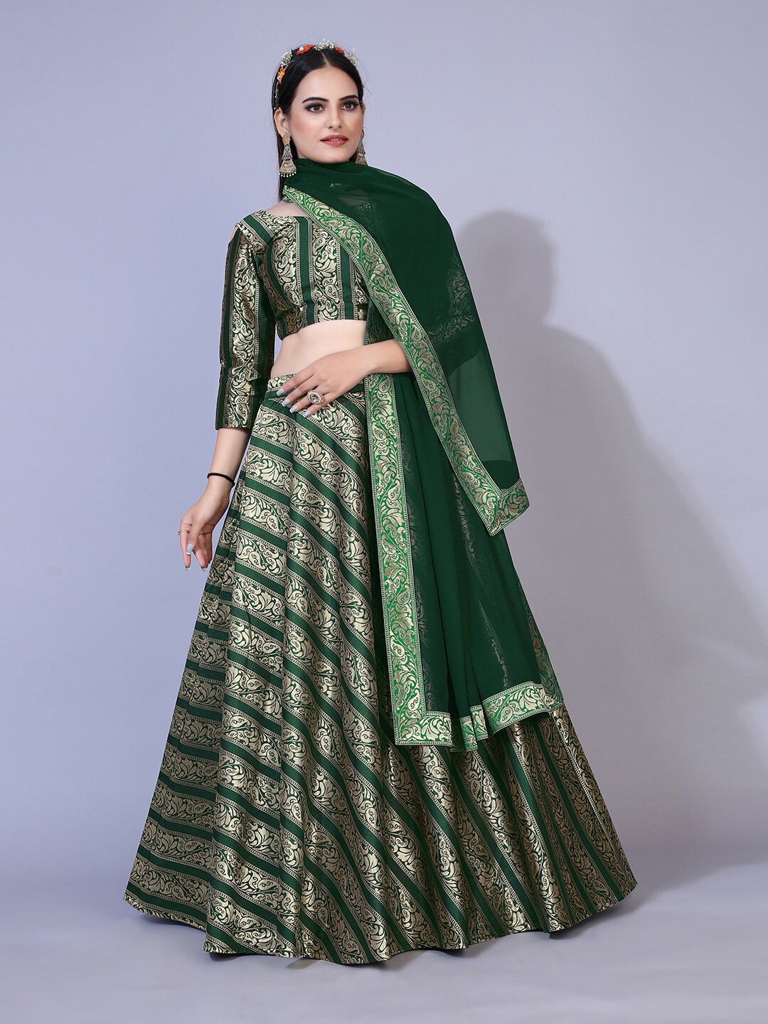 

PRENEA Fluorescent Green & Gold-Toned Printed Ready to Wear Lehenga & Blouse With Dupatta