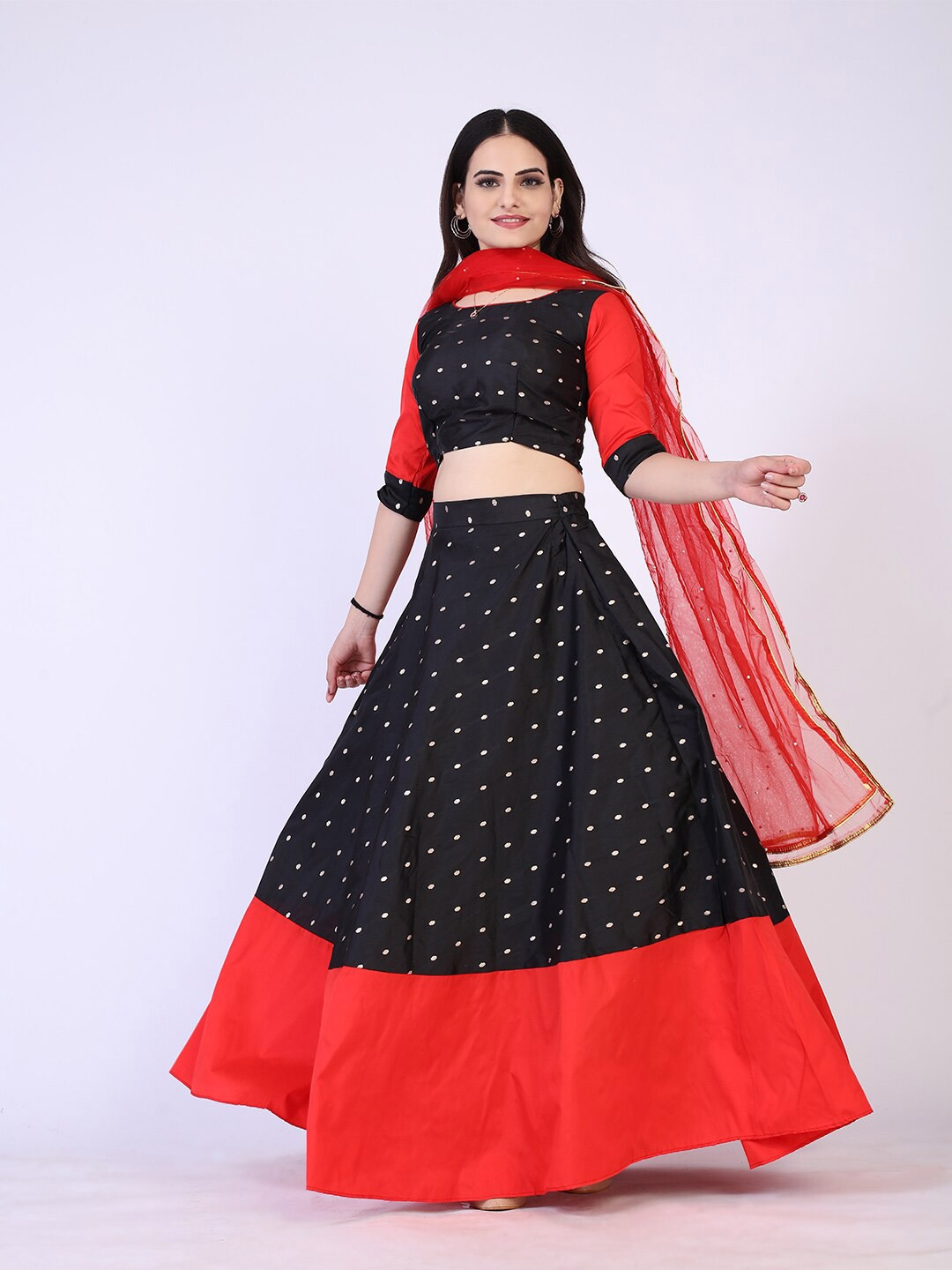 

PRENEA Black & Red Printed Ready to Wear Lehenga & Blouse With Dupatta