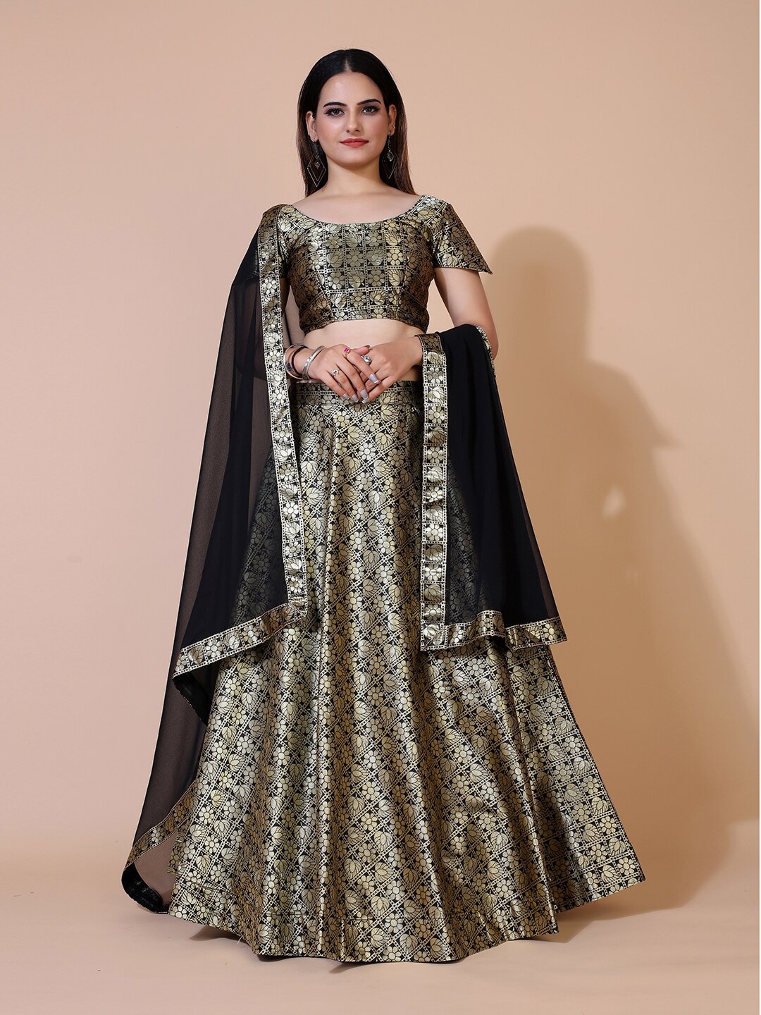 

PRENEA Gold-Toned & Black Printed Ready to Wear Lehenga & Blouse With Dupatta