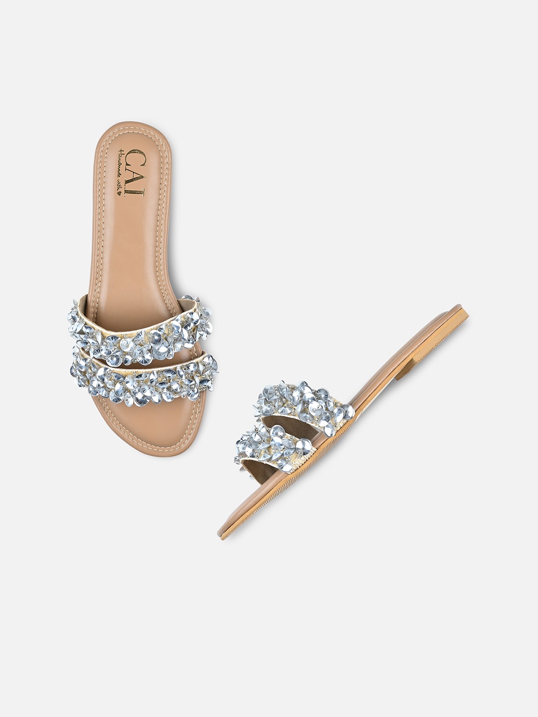 

CAI Women Silver-Toned Party Glitter Glow Open Toe Flats