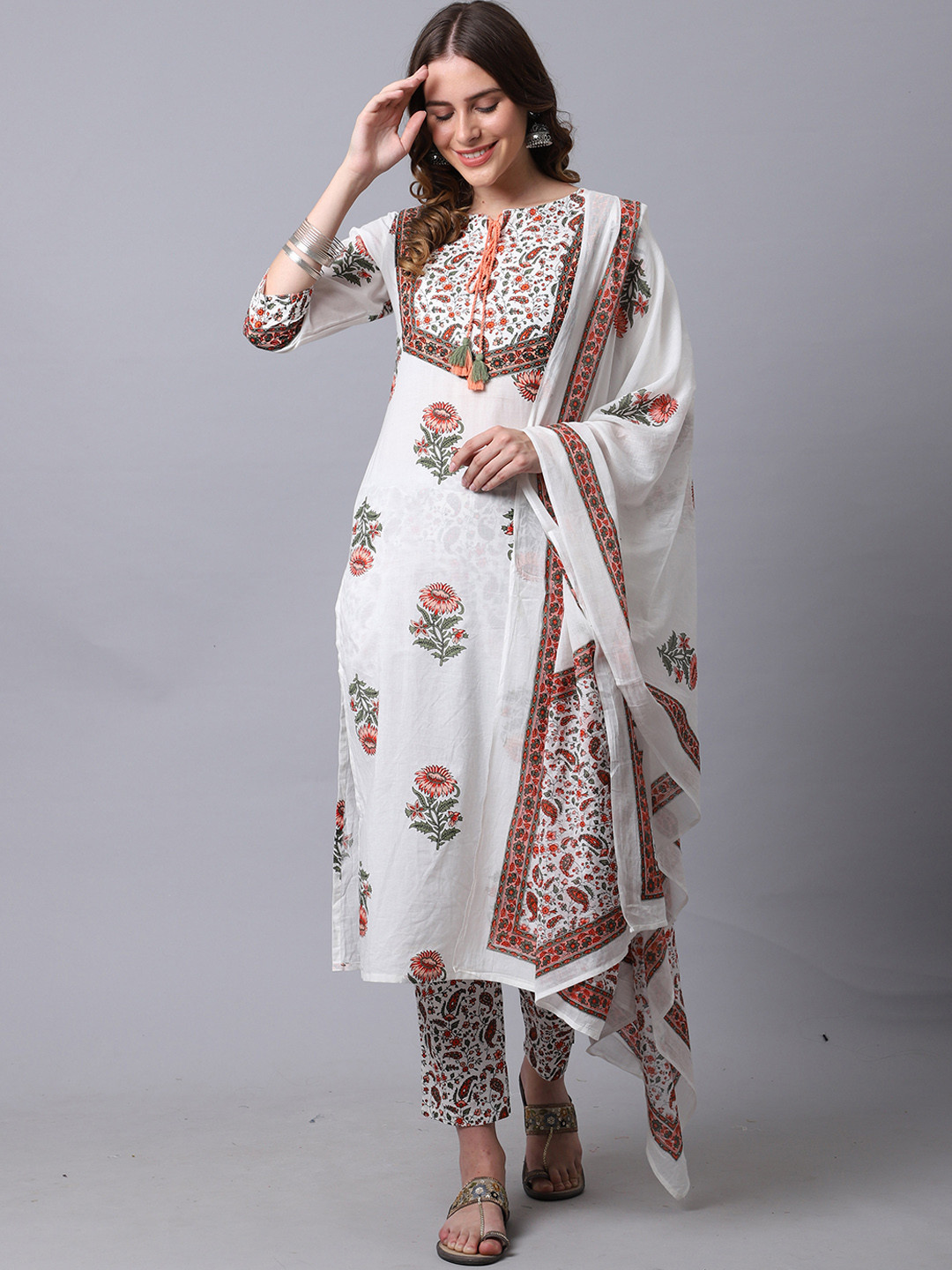 

Rajnandini Women White Printed Pure Cotton Kurta with Trousers & With Dupatta