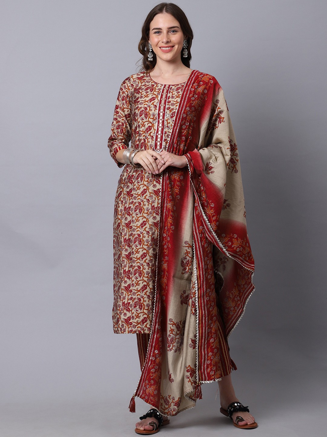 

Rajnandini Women Maroon Ethnic Motifs Printed Pure Cotton Kurta with Trousers & With Dupatta