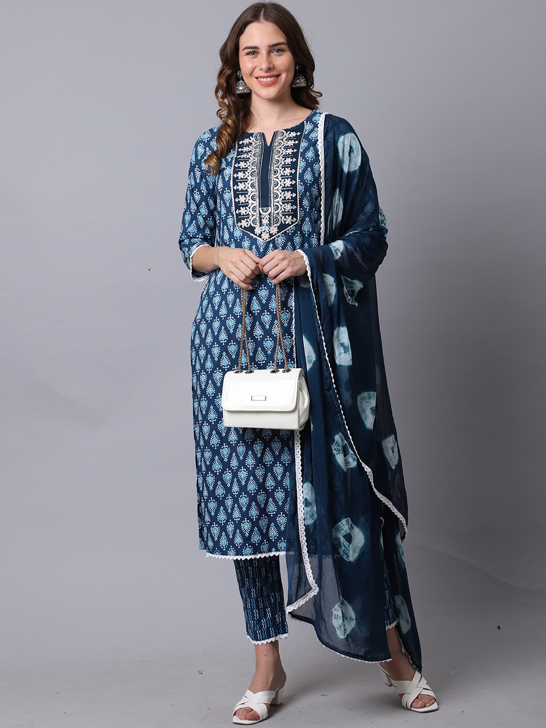 

Rajnandini Women Blue Ethnic Motifs Printed Pure Cotton Kurta with Trousers & With Dupatta