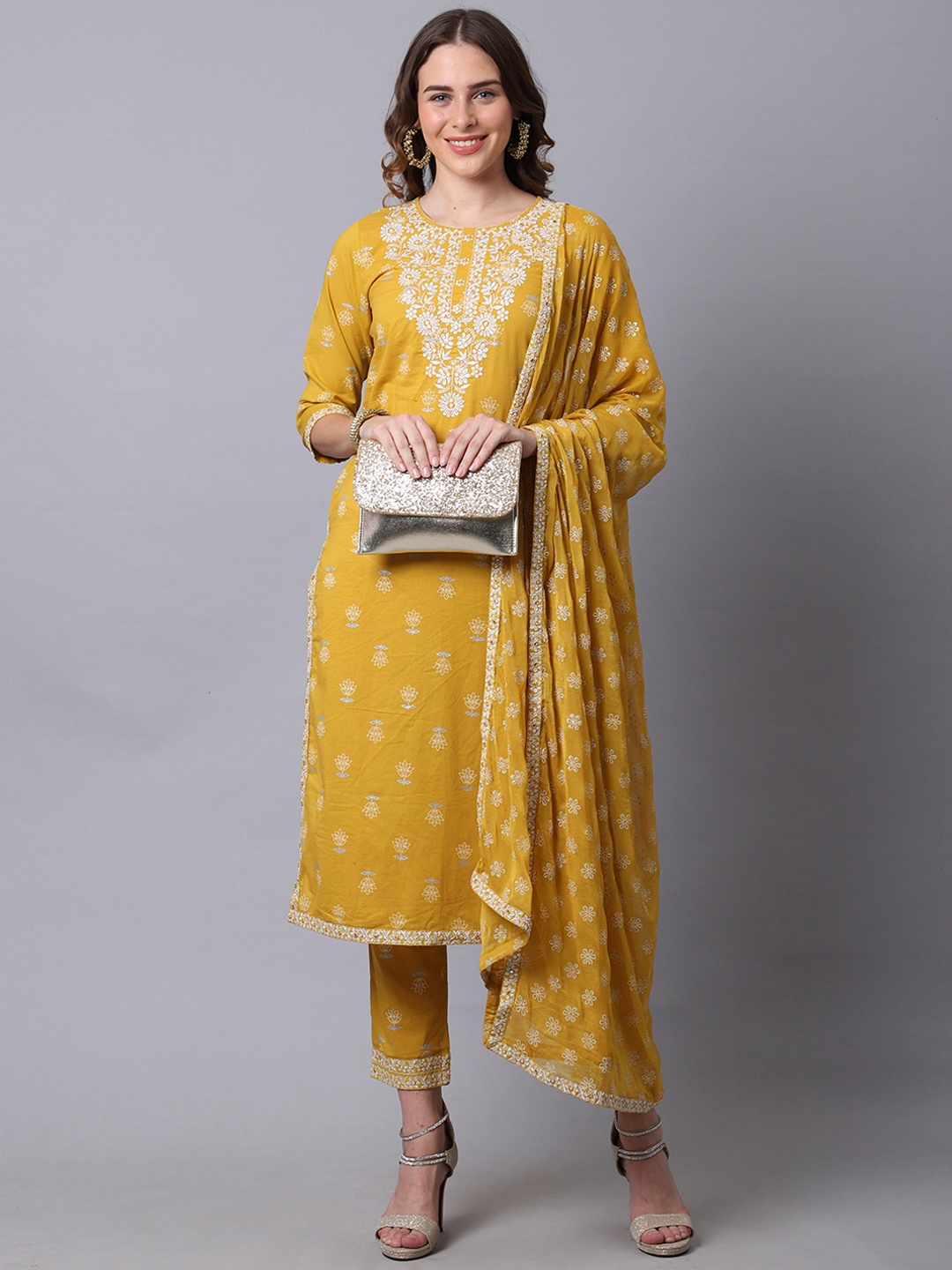 

Rajnandini Women Yellow Ethnic Motifs Embroidered Pure Cotton Kurta with Trousers & With Dupatta