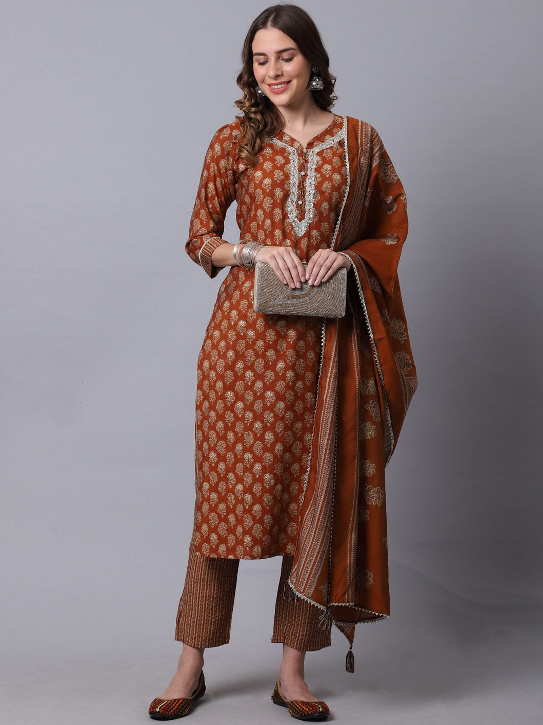 

Rajnandini Women Orange Ethnic Motifs Pure Cotton Kurta with Trousers & With Dupatta