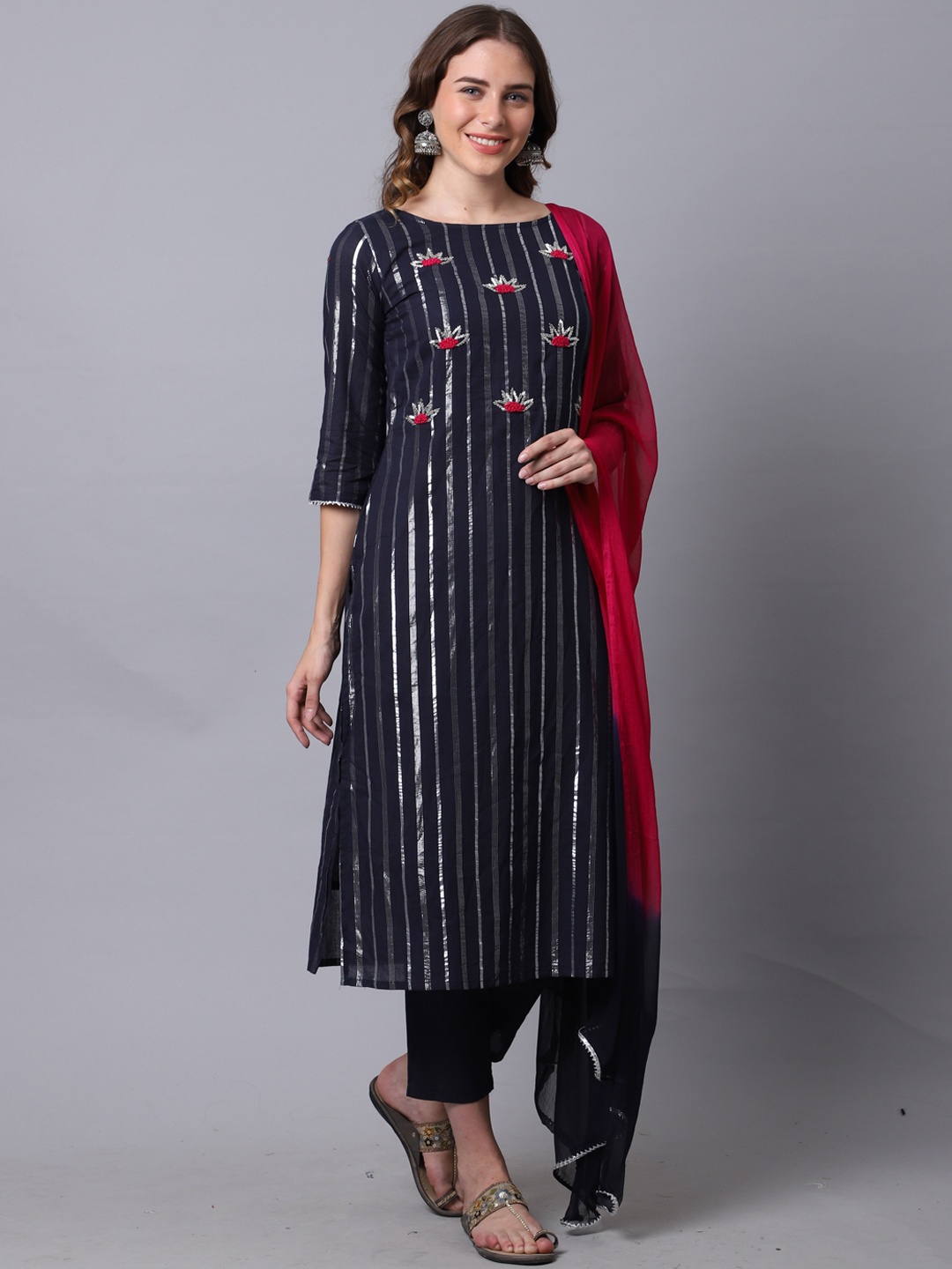 

Rajnandini Women Blue Striped Pure Cotton Kurta with Trousers & With Dupatta