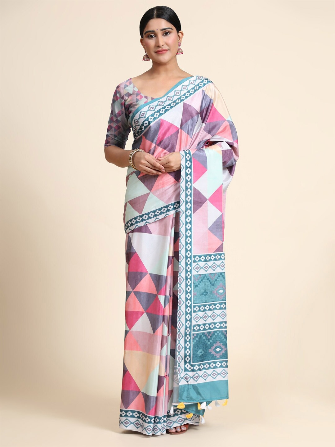 

OFFIRA TEX WORLD Blue & Pink Linen Blend Chanderi Saree