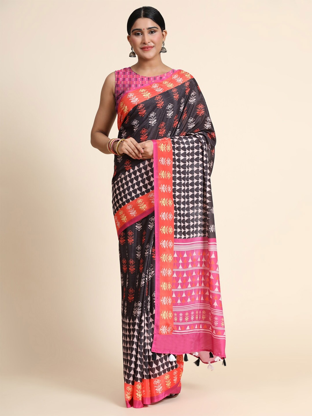 

OFFIRA TEX WORLD Coffee Brown & Pink Ethnic Motifs Linen Blend Chanderi Saree