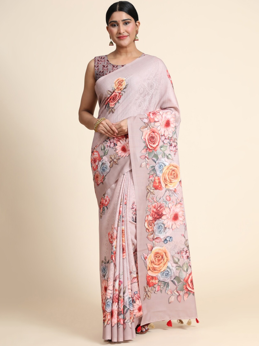 

OFFIRA TEX WORLD Peach-Coloured & Pink Floral Linen Blend Chanderi Saree