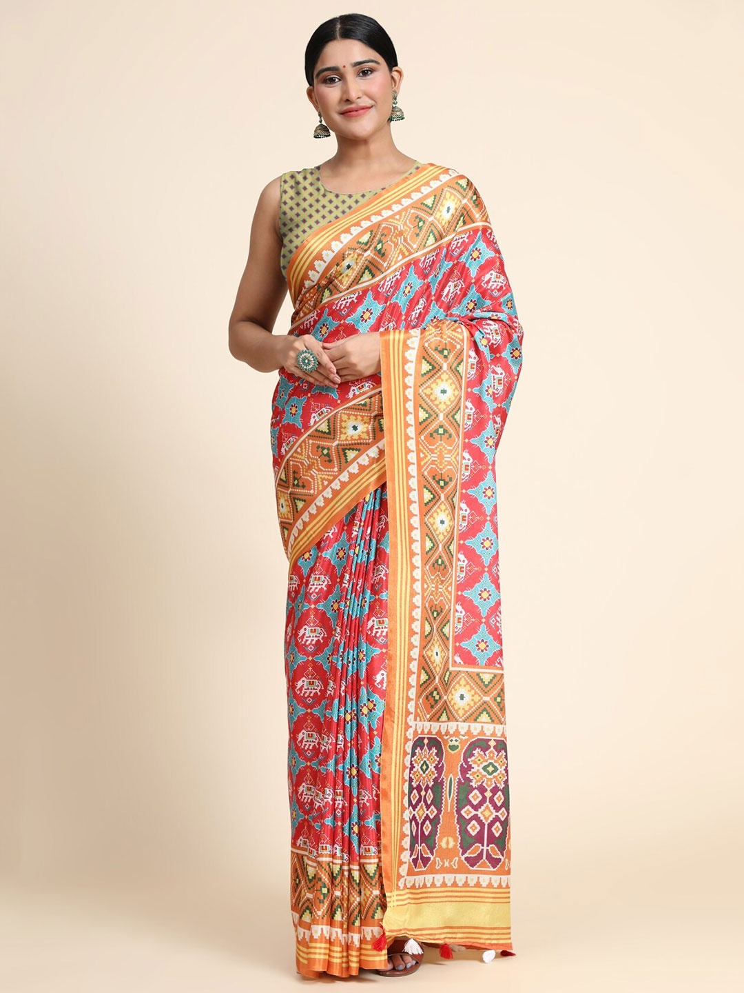 

OFFIRA TEX WORLD Yellow & Blue Ethnic Motifs Linen Blend Chanderi Saree