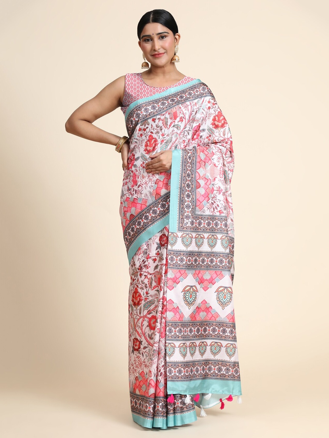 

OFFIRA TEX WORLD Pink & Blue Floral Linen Blend Chanderi Saree