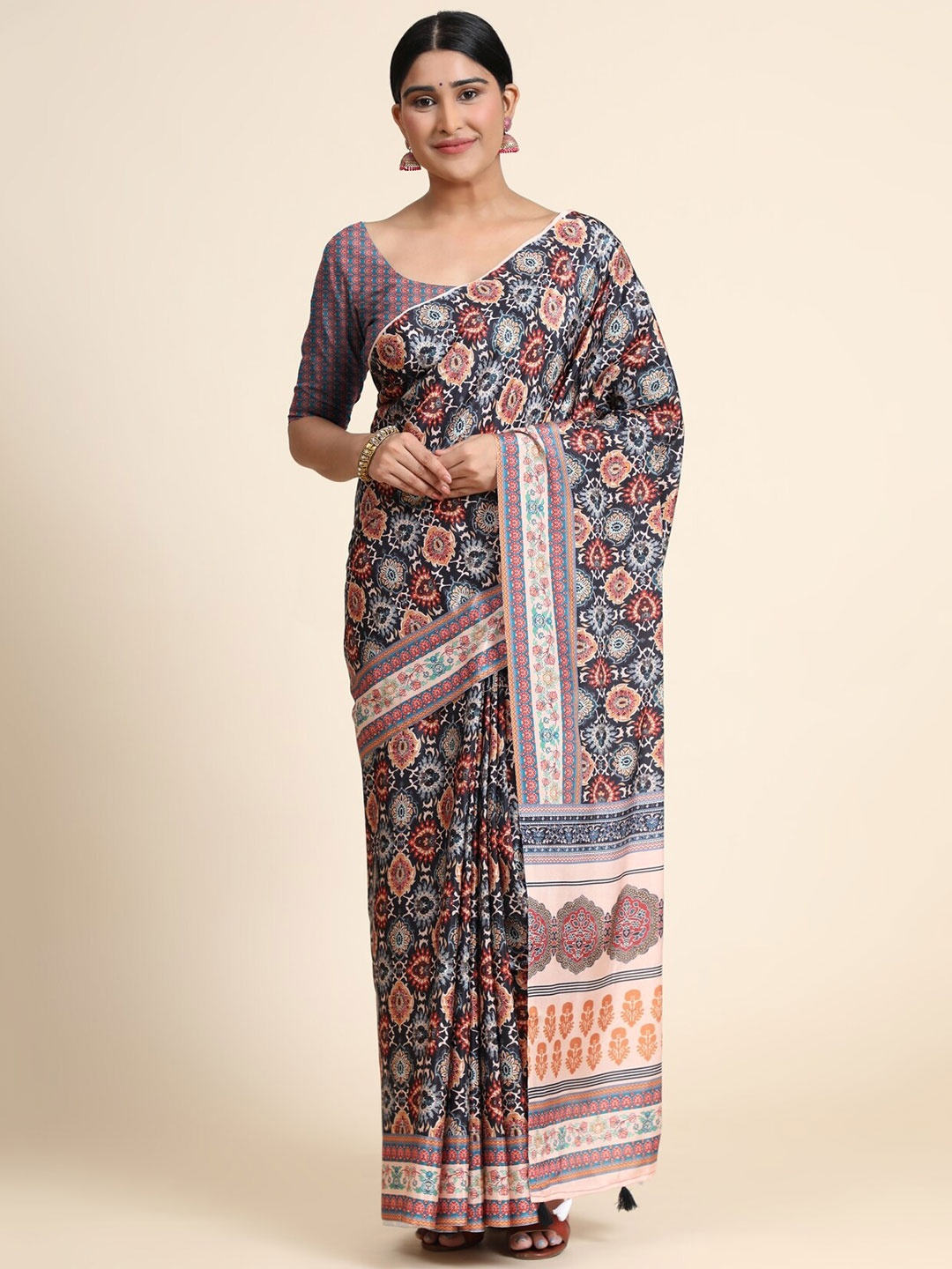 

OFFIRA TEX WORLD Black Ethnic Motifs Linen Blend Chanderi Saree