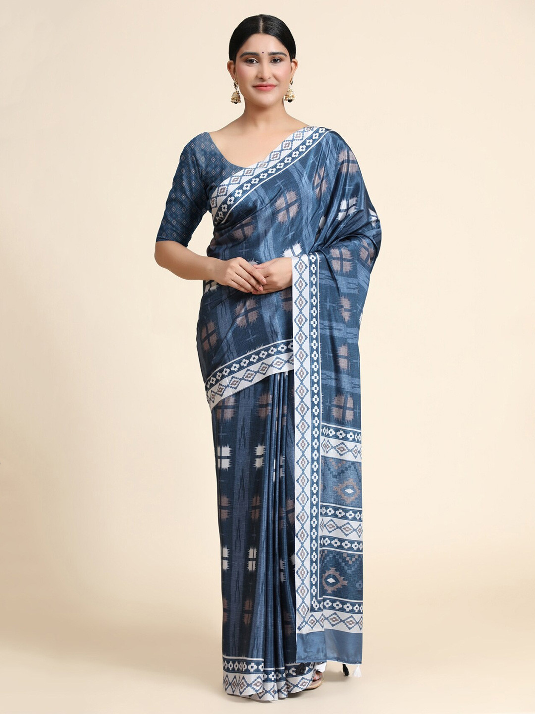 

OFFIRA TEX WORLD Navy Blue Linen Blend Chanderi Saree