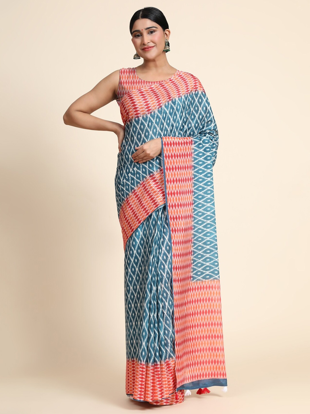 

OFFIRA TEX WORLD Blue & Pink Linen Blend Chanderi Saree
