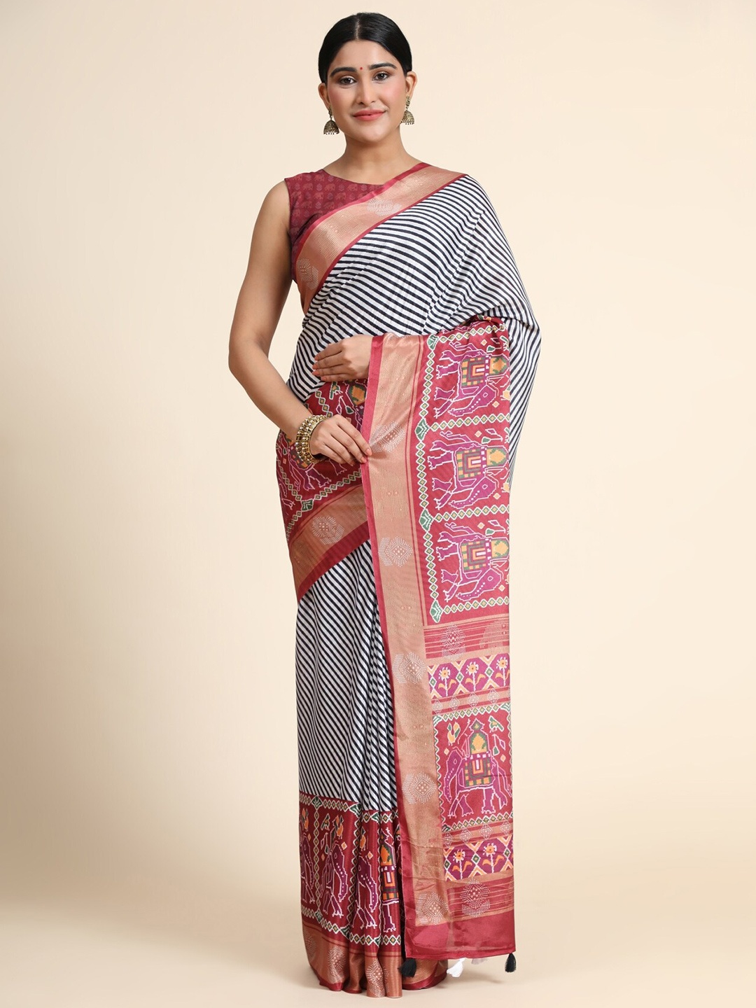 

OFFIRA TEX WORLD Maroon & Black Striped Linen Blend Chanderi Saree