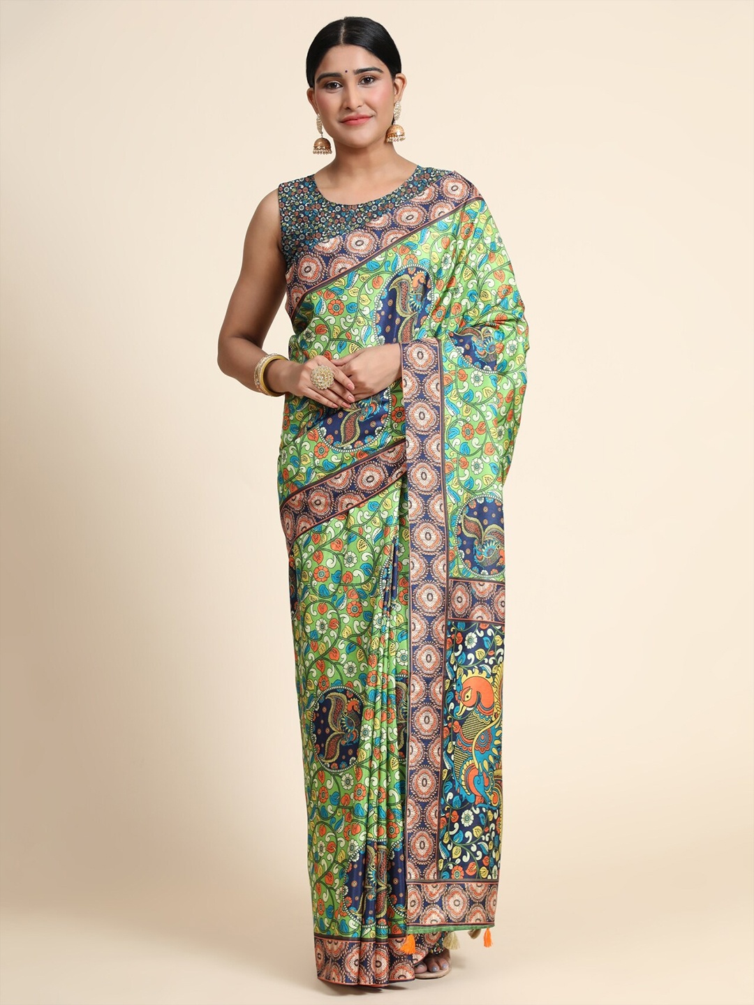 

OFFIRA TEX WORLD Green Ethnic Motifs Linen Blend Chanderi Saree