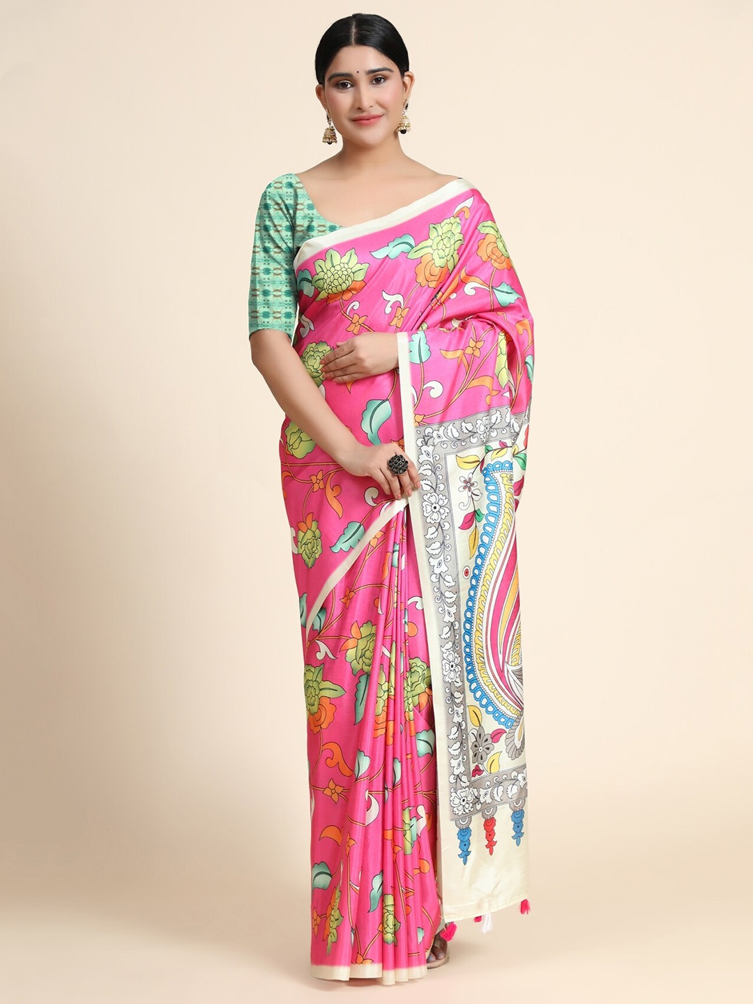

OFFIRA TEX WORLD Pink & Blue Ethnic Motifs Linen Blend Chanderi Saree