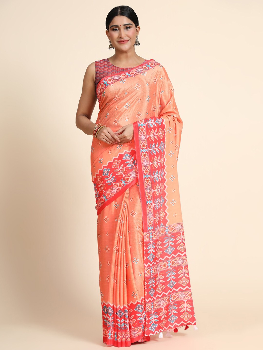 

OFFIRA TEX WORLD Orange & Pink Floral Linen Blend Chanderi Saree