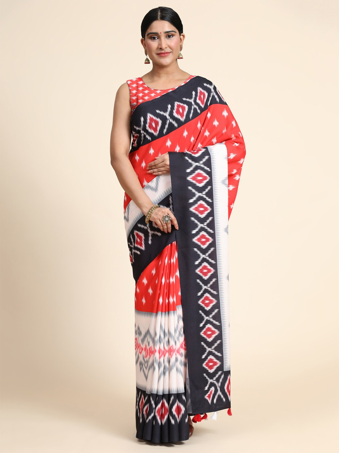 

OFFIRA TEX WORLD Red & Black Ethnic Motifs Linen Blend Chanderi Saree