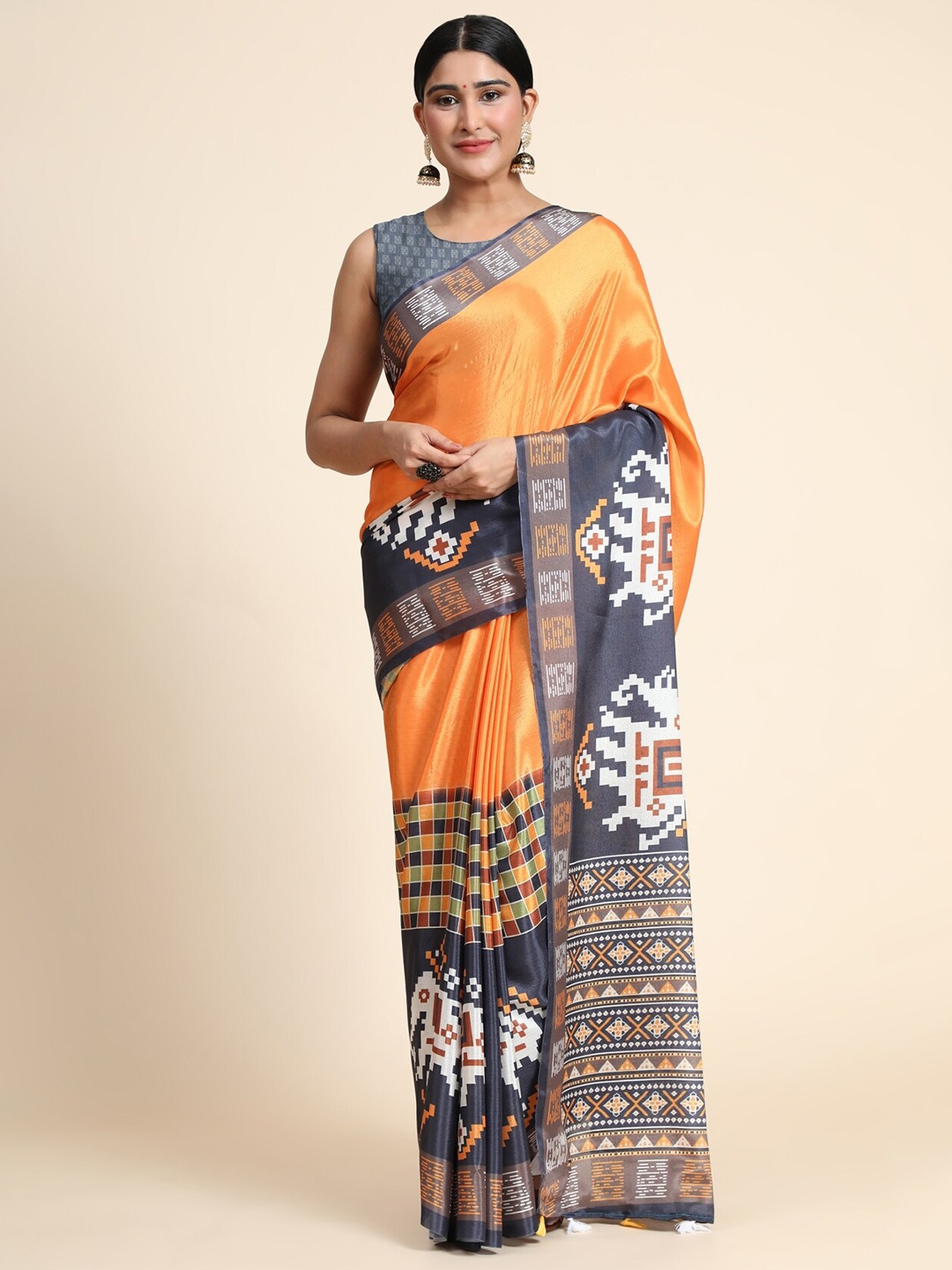 

OFFIRA TEX WORLD Mustard & Blue Ethnic Motifs Linen Blend Chanderi Saree