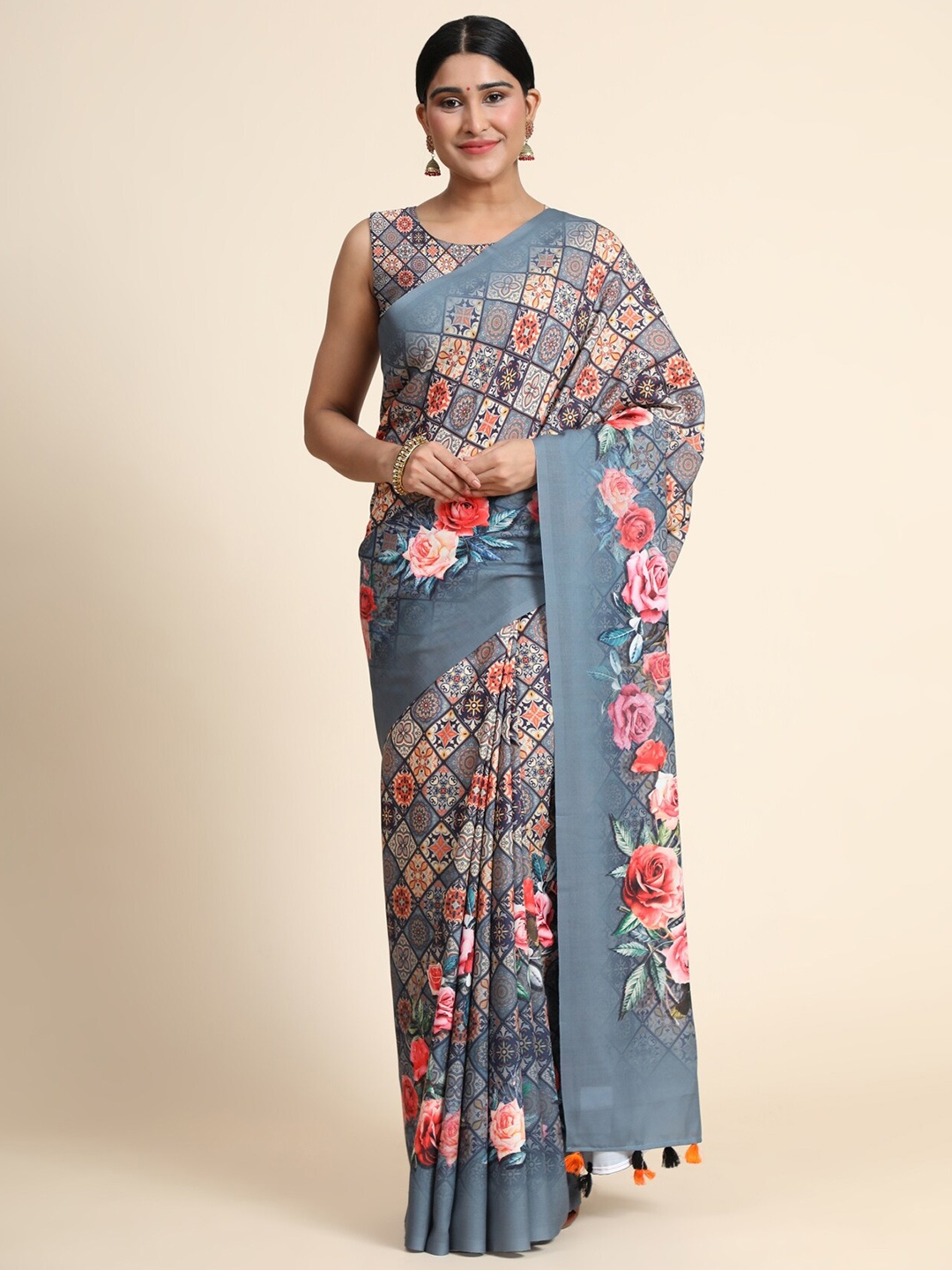 

OFFIRA TEX WORLD Grey & Pink Floral Linen Blend Chanderi Saree