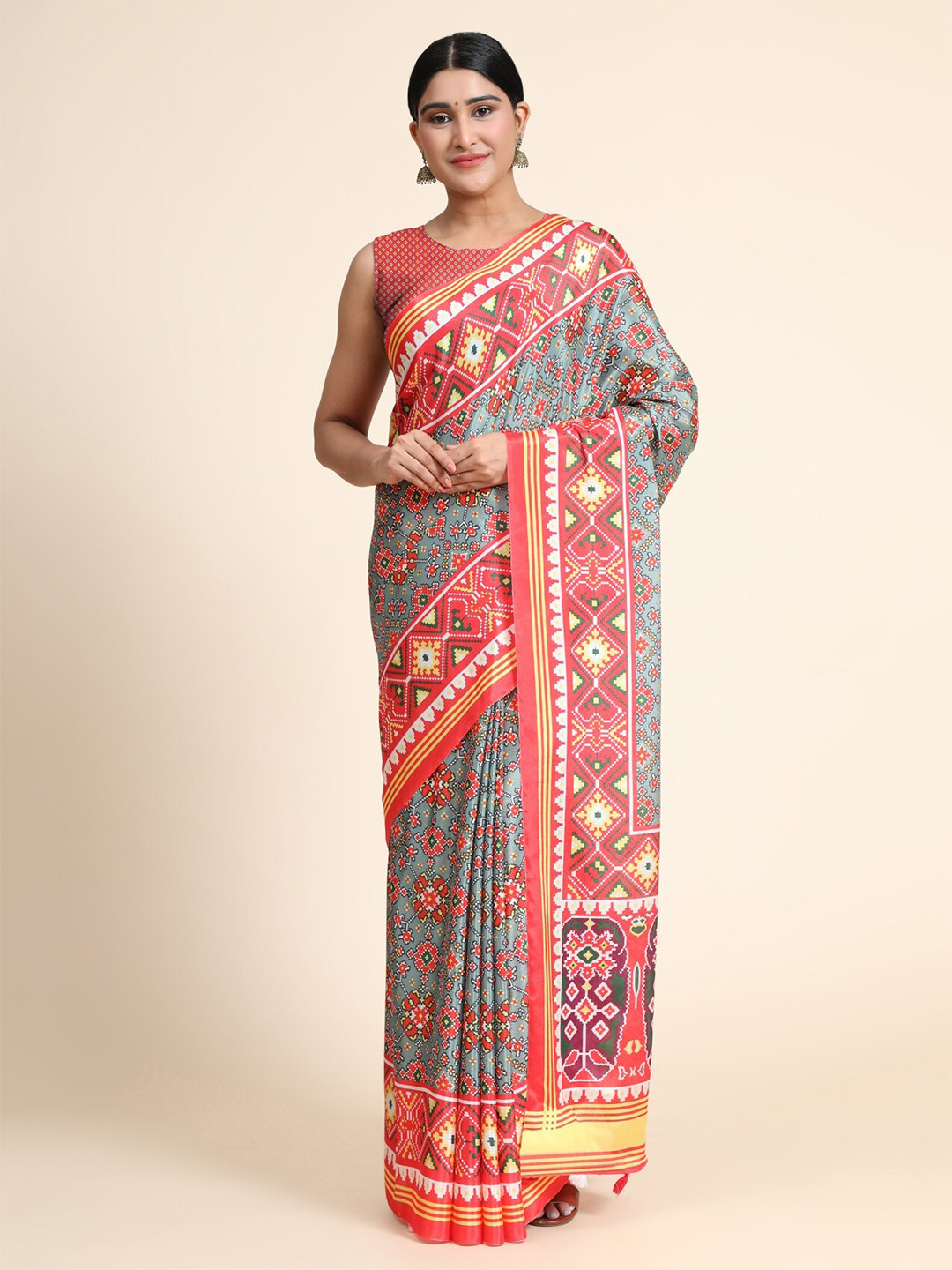 

OFFIRA TEX WORLD Red & Grey Ethnic Motifs Linen Blend Chanderi Saree