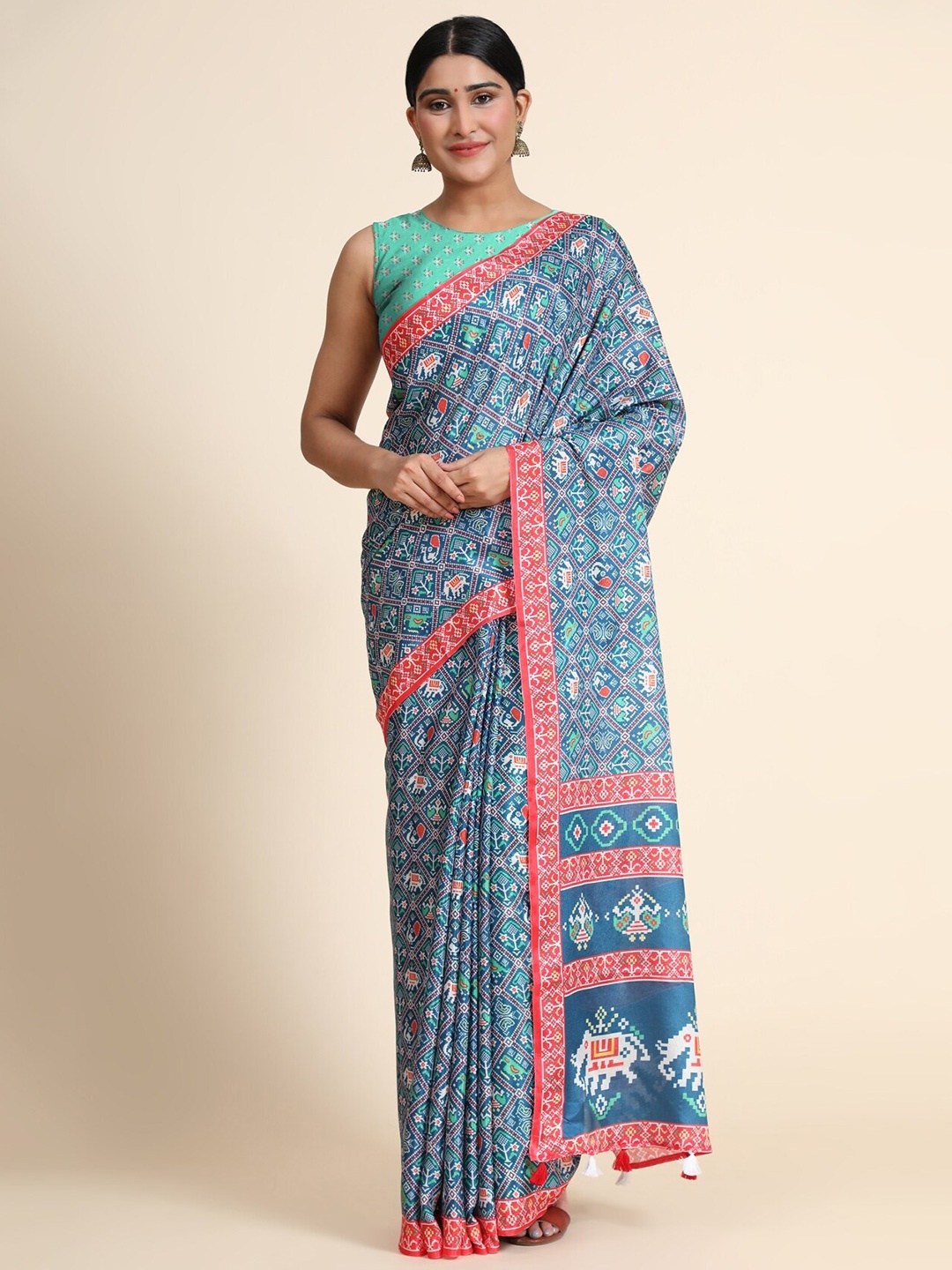 

OFFIRA TEX WORLD Blue & Orange Floral Linen Blend Chanderi Saree
