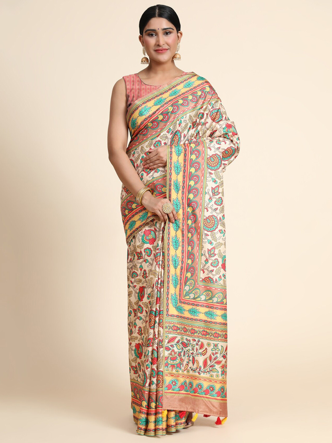 

OFFIRA TEX WORLD Beige & Blue Floral Linen Blend Chanderi Saree