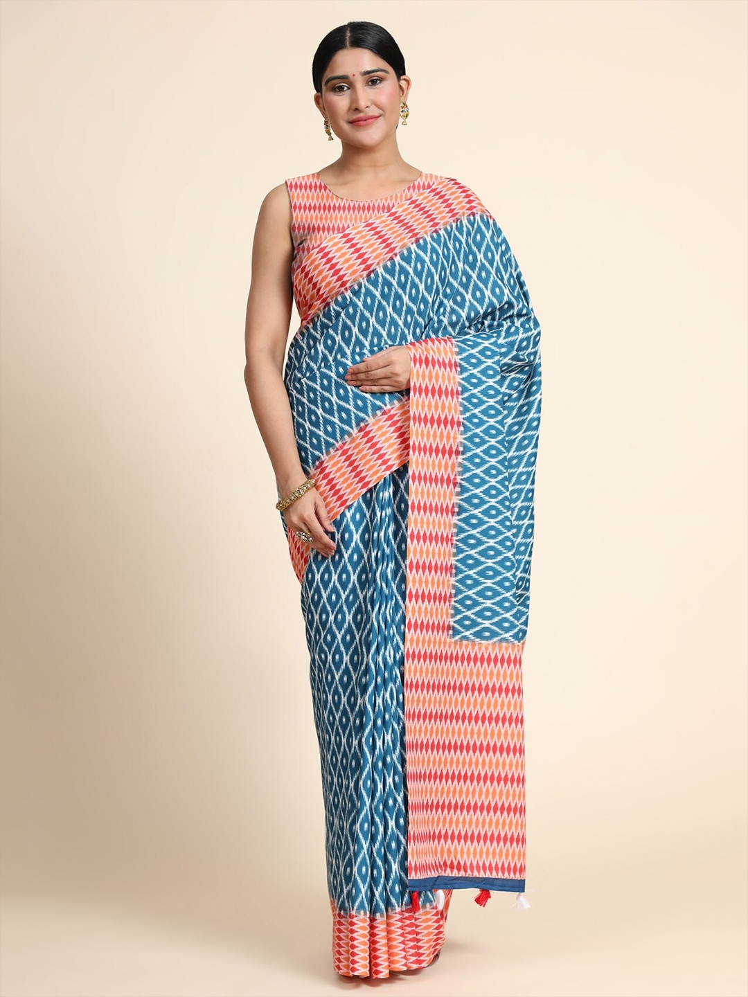 

OFFIRA TEX WORLD Blue & Red Linen Blend Chanderi Saree
