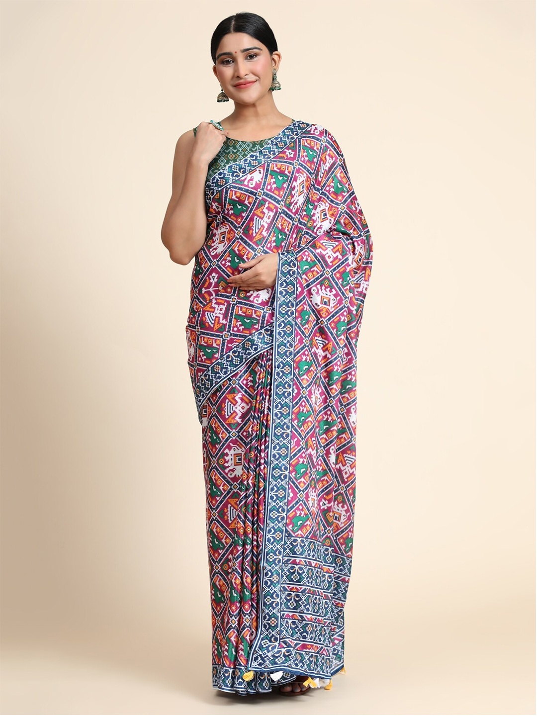 

OFFIRA TEX WORLD Violet & Pink Floral Linen Blend Chanderi Saree