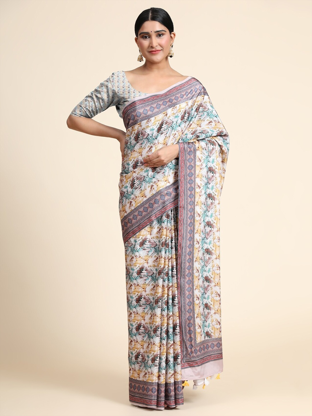 

OFFIRA TEX WORLD Blue & Beige Linen Blend Chanderi Saree