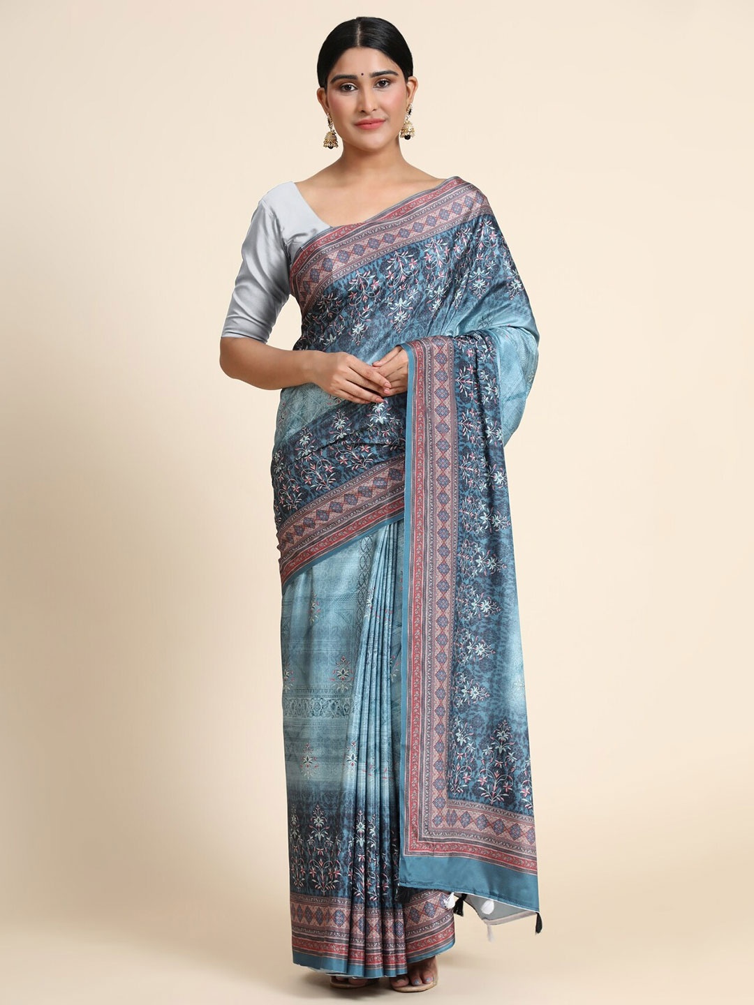 

OFFIRA TEX WORLD Teal & Pink Floral Linen Blend Chanderi Saree