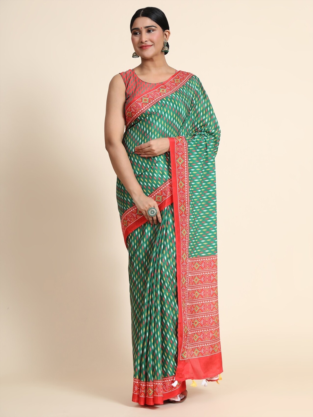 

OFFIRA TEX WORLD Green & Red Linen Blend Chanderi Saree