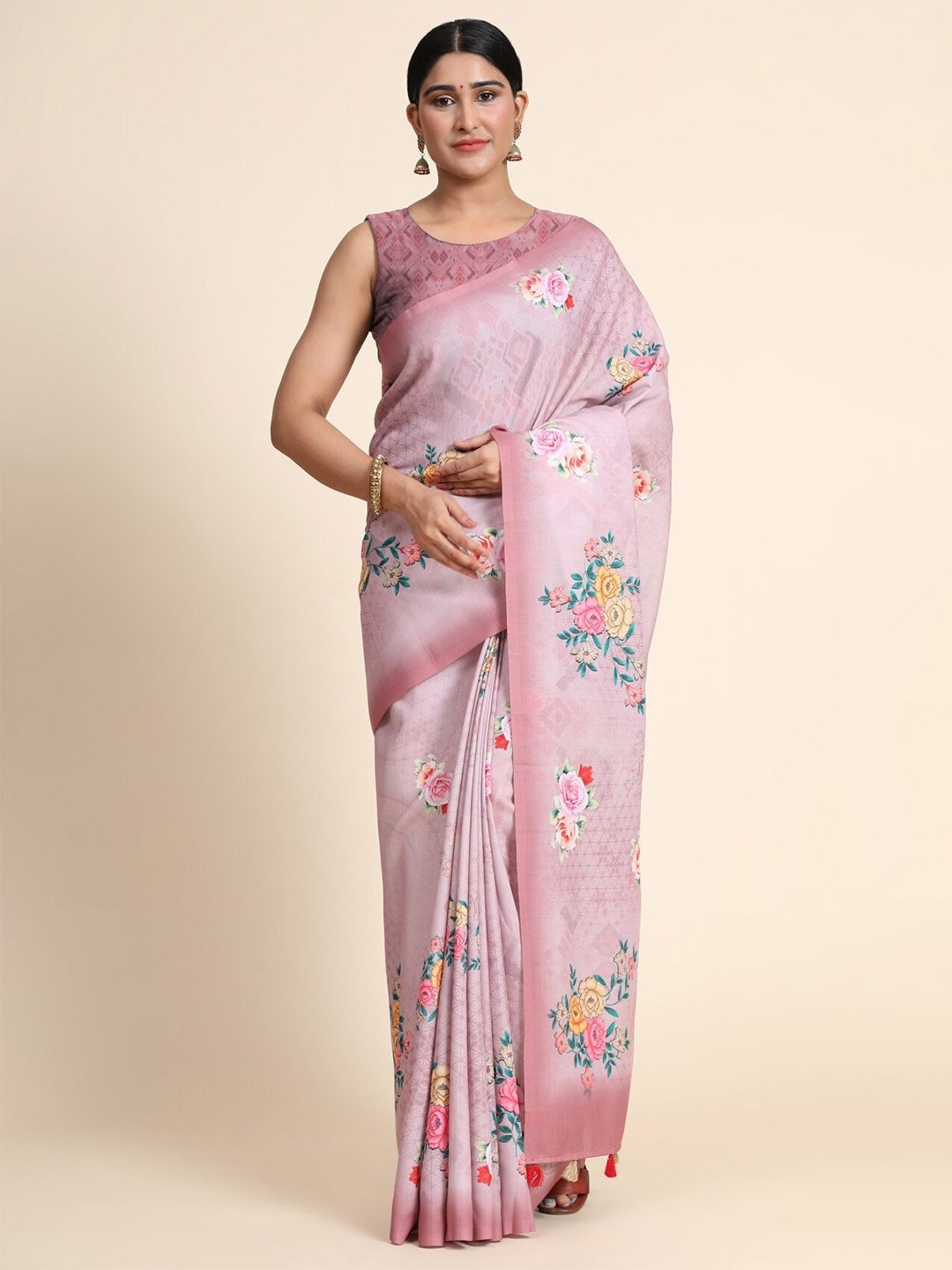 

OFFIRA TEX WORLD Peach-Coloured & Green Floral Linen Blend Chanderi Saree