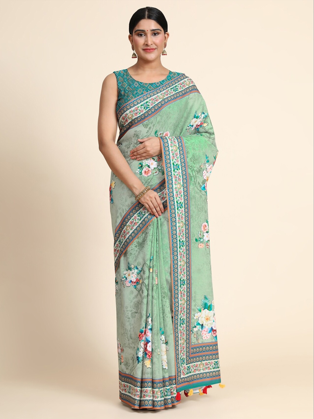 

OFFIRA TEX WORLD Green Floral Linen Blend Chanderi Saree